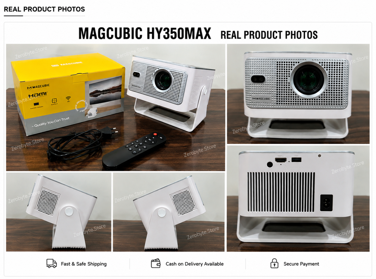 Magcubic HY350MAX real product photos collage with Zerobyte.Store watermark